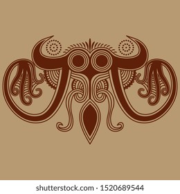 Isolated vector illustration. Stylized octopus. Fantastic sea monster. Symmetrical animal decor. Ancient Greek Minoan pottery motif. Monochrome silhouette.