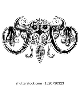 Isolated vector illustration. Stylized octopus. Fantastic sea monster. Symmetrical animal decor. Ancient Greek Minoan pottery motif. Hand drawn rough sketch. Black and white silhouette.