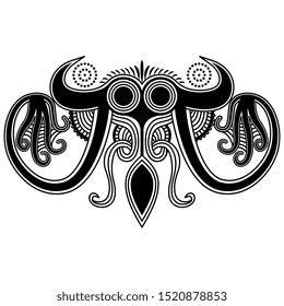 Isolated vector illustration. Stylized octopus. Fantastic sea monster. Symmetrical animal decor. Ancient Greek Minoan pottery motif. Black and white silhouette.