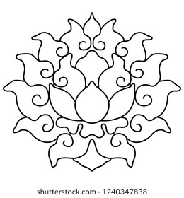 Isolated vector illustration.  Stylized ornate lotus flower. Ancient Chinese traditional ethnic motif. Black and white linear silhouette.