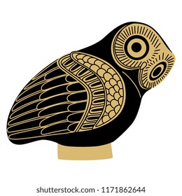 Isolated vector illustration. Stylized owl. Bicolour silhouette. Based on ancient Greek image.