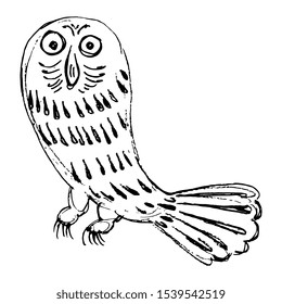 Isolated vector illustration. Stylized owl. Russian folk style. Hand drawn linear doodle sketch. Black silhouette on white background.