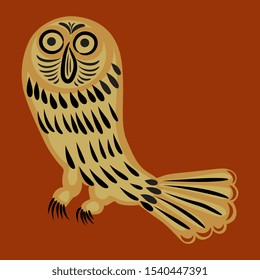 Isolated vector illustration. Stylized owl. Russian folk style. On red background.