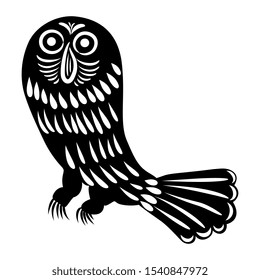 Isolated vector illustration. Stylized owl. Russian folk style. Black and white silhouette.