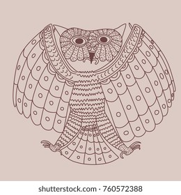 Isolated vector illustration of stylized owl. Based on ancient ethnic image of Mochica Indians. Ancient Peru. Moche culture. Pre-Columbian art.