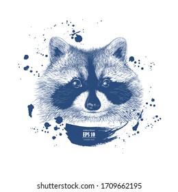 Isolated vector illustration. Stylized raccoon's face. Hand drawn linear sketch. Doodle style. Black silhouette on white background.