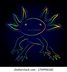 Isolated vector illustration of stylized rainbow axolotl. Mexican walking fish. Neotenic fire salamander. Handdrawn style