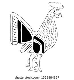 Isolated vector illustration. Stylized rooster. Ancient Greek vase painting motif. Black and white silhouette.
