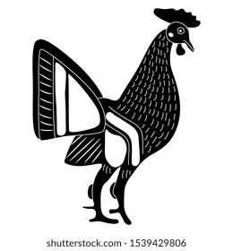 Isolated vector illustration. Stylized rooster. Ancient Greek vase painting motif. Black and white silhouette.