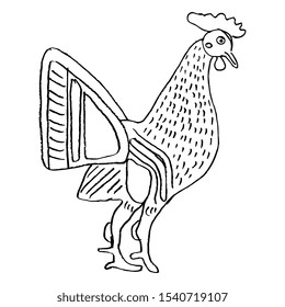 Isolated vector illustration. Stylized rooster. Ancient Greek vase painting motif. Black and white silhouette. Hand drawn sketch.