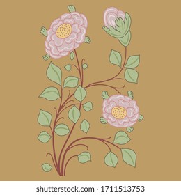 Isolated vector illustration. Stylized rose branch. Beautiful floral motif. Folk style.