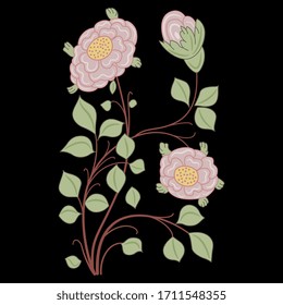 Isolated vector illustration. Stylized rose branch. Beautiful floral motif. Folk style.