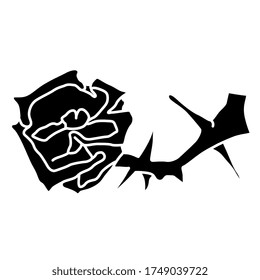 Isolated vector illustration. Stylized rose branch with flower. Black and white silhouette.	