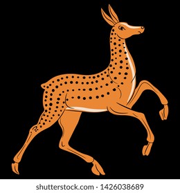 Isolated vector illustration. Stylized running deer. Ancient Greek vase painting motif. On black background.