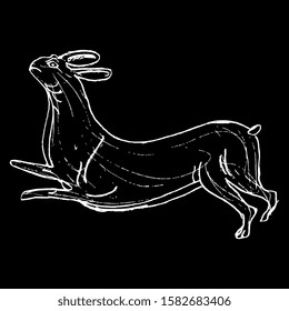 
Isolated vector illustration. Stylized running hare. Hand drawn linear doodle sketch. White silhouette on black background.