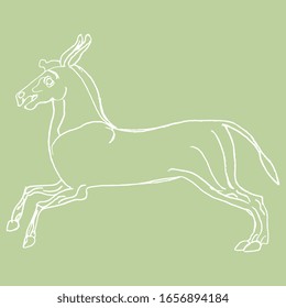 Isolated vector illustration. Stylized running donkey. Ancient Greek vase painting motif. Hand drawn linear doodle sketch. White silhouette on light green background.