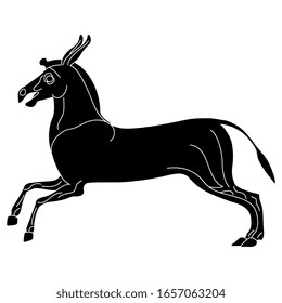 Isolated vector illustration. Stylized running donkey. Ancient Greek vase painting motif. Black and white linear silhouette.