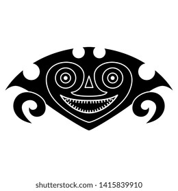 Isolated vector illustration. Stylized smiling human head. Native American tribal motif from ancient Panama. Black and white linear silhouette.