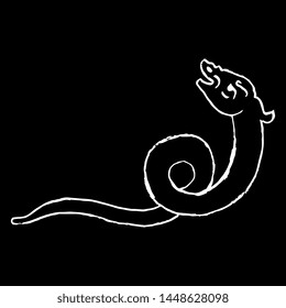 Isolated vector illustration. Stylized snake or serpent. Medieval Russian motif. Hand drawn linear doodle sketch. White silhouette on black background.