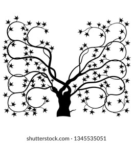 Isolated vector illustration. Stylized square ornate tree with branches and leaves. Black silhouette on white background.