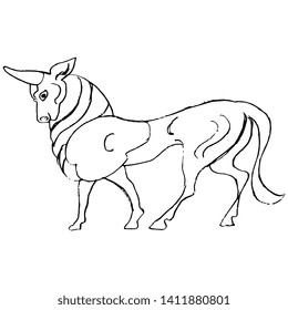 Isolated vector illustration. Stylized standing bull. Ancient Greek vase painting motif. Hand drawn linear doodle sketch. Black silhouette on white background.