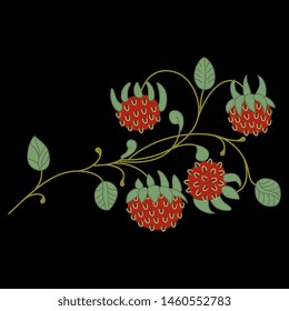 Isolated vector illustration. Stylized strawberry branch. Folk style. On black background.