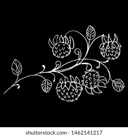 Isolated vector illustration. Stylized strawberry branch. Folk style. Hand drawn linear doodle sketch. White silhouette on black background.