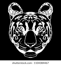 Isolated vector illustration. Stylized tiger face. Hand drawn linear ink sketch. Doodle style. Black silhouette on white background.