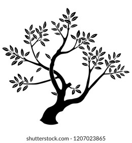 Isolated vector illustration. Stylized tree with leaves. Black and white linear silhouette.