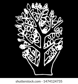 Isolated vector illustration. Stylized tree. White silhouette on black background.