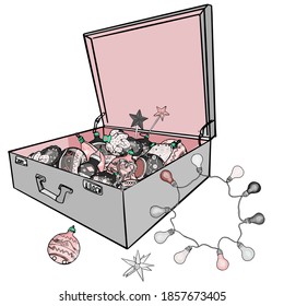 Isolated vector illustration of a suitcase with New Year's toys on a white background. Christmas retro style blank for designer, logo, icon, textile