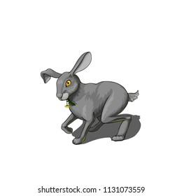 Isolated vector illustration of a summer gray hare sitting with a flower in its mouth.