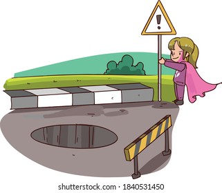 isolated vector illustration of super hero little girl fixing caution sign