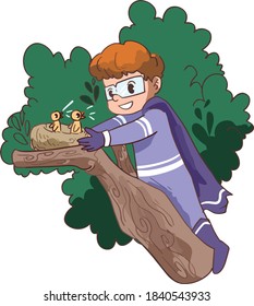 Isolated Vector illustration of super hero kid putting bird nest on tree