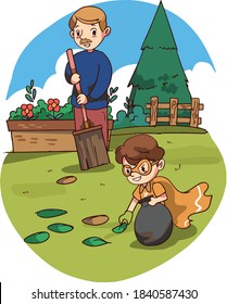 isolated vector illustration of super hero kid helping dad in garden