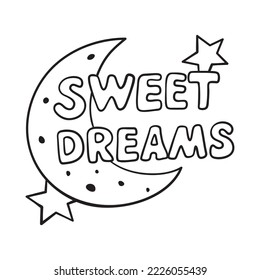 Isolated vector illustration of sweet dreams sign with Moon. Cute thin line icon for design, cover etc.