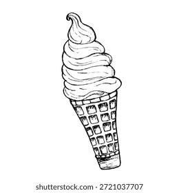 Ilustración vectorial aislada de un cono de helado dulce. Boceto dibujado a mano del postre en un cono de gofre sobre un fondo blanco.