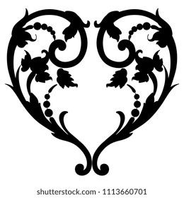 Isolated vector illustration. Symmetrical abstract decor. Stylized heart made of vintage floral scrolls. Black silhouette on white background.