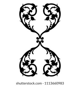 Isolated vector illustration. Symmetrical abstract decor with vintage floral motifs. Black silhouette on white background.
