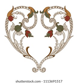 Isolated vector illustration. Symmetrical abstract decor. Stylized heart made of vintage floral scrolls.