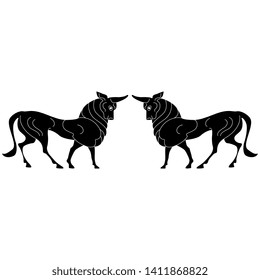 Isolated vector illustration. Symmetrical animal decor with two stylized bulls. Ancient Greek motif. Black and white linear silhouette.