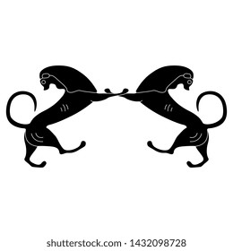 Isolated vector illustration. Symmetrical animal decor with two lions. Ancient Greek ethnic motif. Black and white linear silhouette.