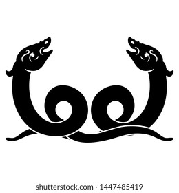 Isolated vector illustration. Symmetrical animal decor with two stylized snakes. Vintage style. Black and white silhouette.