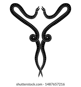 Isolated vector illustration. Symmetrical animal decor with two stylized snakes. Black and white silhouette.