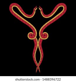Isolated vector illustration. Symmetrical animal decor with two stylized snakes. Medieval folk style. On black background.