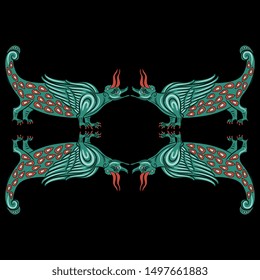 Isolated vector illustration. Symmetrical animal decor or frame with silhouettes of fantastic medieval dragons. On black background.