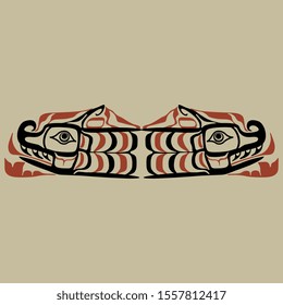 Isolated vector illustration. Symmetrical animal decor with two heads of fantastic animals or dragons. Ethnic decor of Native American Tlingit Indians.