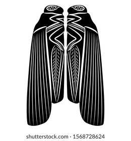 Isolated vector illustration. Symmetrical animal decor with two stylized grasshoppers, locusts or cicadas. Ancient Mesopotamian motif. Black and white silhouette.