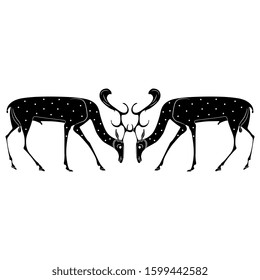 Isolated vector illustration. Symmetrical animal decor with silhouettes of two deer. Black and white silhouette.