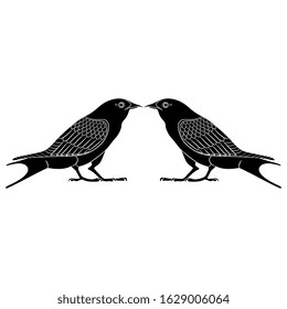 Isolated vector illustration. Symmetrical animal decor with two kissing birds. Ancient Egyptian motif. Black and white silhouette.